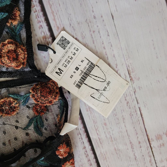 Zara Black Mesh Sheer Lined Embroidered Swiss Dot Mini Dress Medium NWT - Picture 3 of 6